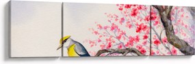 Obraz - ptak na drzewie z czerwonymi kwiatami (170x50 cm)