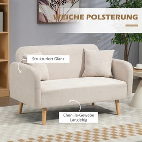 HOMCOM 2-osobowa Sofa, Design Nowoczesny, w zestawie 2 poduszki, nogi drewniane, 130 x 70 x 80 cm, Kremowy