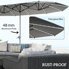 Outsunny Podwójny Parasol z Oświetleniem Solarnym, Aluminium, Poliester, Ochrona UPF50+, Odporność na UV, Parasol Tarasowy, Ciemnoszary