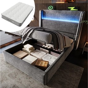 Łóżko hydrauliczne ze schowkiem i zagłówkiem + diody LED i porty USB/Type-C - 90 x 200 cm - len - szare (z materacem)