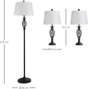 Zestaw 3 lamp HOMCOM: 2 lampy stołowe (ø38 x 158H cm) + 1 lampa stojąca (ø30 x 62H cm), metal, PS, poliester, bawełna, styl vintage, czarny+biały