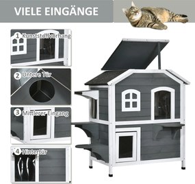 Pawhut Domek dla Kota Ogrodowy 2-poziomowy Dach Asfaltowy Drewno Szary Przestronny | Aosom PL