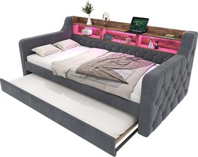 Łóżko dziecięce 90x190 cm - łóżko wysuwane z Półki i oświetlenie LED - ciemnoszary aksamit - materac nie jest wliczony w cenę