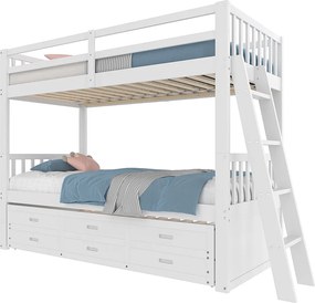 Łóżko piętrowe dla dzieci z łóżkiem wysuwanym dla 3 osób - 90 x 200 cm - 3 szuflady - sosna i MDF - białe