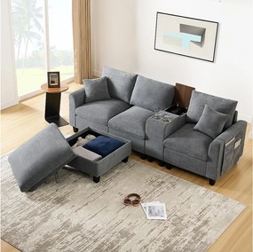 Nowoczesna sofa 4-osobowa z podnóżkiem ze schowkiem + 2 uchwyty na kubki + port USB - 229 x 149,5 x 83 cm - Aksamit - szary