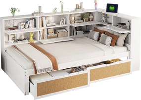 Łóżko dzienne 90x200 cm - Łóżko dziecięce ze schowkami i 2 szufladami - białe - materac nie jest wliczony w cenę