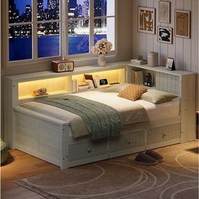 Drewniana sofa dziecięca z funkcją spania - 90 x 200 cm - z półką do przechowywania + 3 szuflady + diody LED - płyta MDF + sklejka - szara