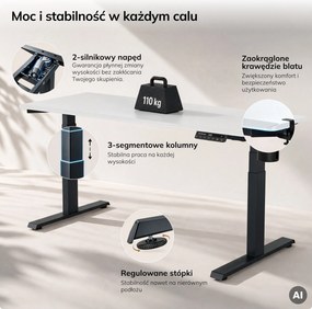 Biurko elektryczne z regulacją wysokości ergonomiczne antracytowo-białe, 1600x800 mm: ARIA