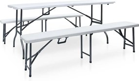 Składany stół ogrodowy z 2 ławkami, 180 cm, stal i HDPE, biały.