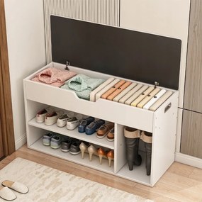 Biała szafka na buty z drewnianym siedziskiem i schowkiem 80 cm