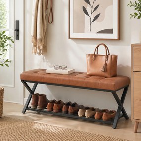 HOMCOM Ławka na buty, ławka do przedpokoju z ekoskórzaną poduszką, 112 x 37 x 47 cm, brązowa | Aosom PL