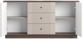 Komoda Vesper 160 cm z szufladami na cokole - kaszmir / orzech / czarne uchwyty