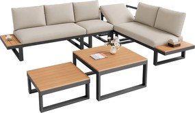 Salon ogrodowy - zestaw mebli - 6 osób - z żelaza ocynkowanego - kanapa narożna - ze stolikiem kawowym w stylu gniazdowym - blat z tworzywa drewnopodobnego - Beżowy