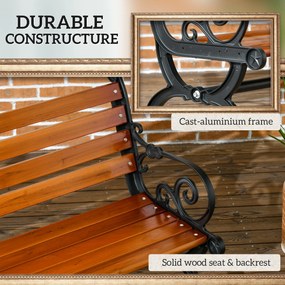 Outsunny Ławka dla 2 osób, dekoracyjne podłokietniki, do ogrodu i na taras, Odlewane aluminium+Naturalne drewno, 120 x 64 x 79 cm, Teak
