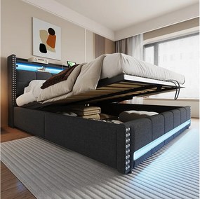 Podwójne tapicerowane łóżko ze schowkiem - 180 x 200 cm - z diodami LED + USB + zagłówek ze schowkiem - len + metal + sklejka + MDF - szary