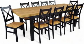 Stół duży i 10 krzeseł Czarny + Dąb Craft 100x200 rozkładany do 300 cm + nogi drewniane
