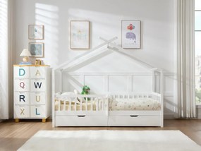 Łóżko domek 90 x 190 cm z szufladami - Drewno sosnowe i MDF - Biały + Materac - KIRALIO