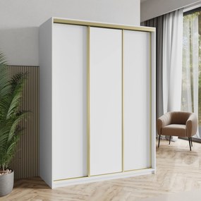 Szafa Przesuwna NISSE 150 cm Szafa Trzydrzwiowa z Szufladami Biała / Złote Profile
