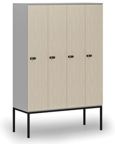 Drewniana szafa ubraniowa z podstawą, 4-drzwiowa, 1871 x 1200 x 500 mm, demontaż, zamek mechaniczny z kodem, szary/brzoza