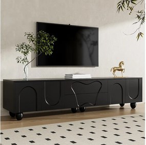 Czarny stolik pod TV - stolik pod TV z 2 szufladami i 2 drzwiami - Okrągłe nogi z litego drewna