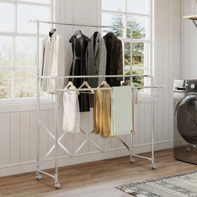 HOMCOM Stojak na pranie, składany suszarka stojąca z 3 regulowanymi prętami, stalowy wieżowy stojak na pranie na kółkach, wieża do suszenia prania do wnętrz i na zewnątrz