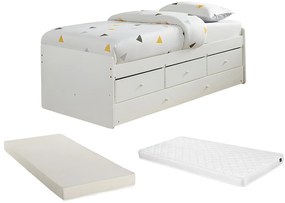 Łóżko wysuwane TITOUAN z 3 szufladami - 90 x 190 cm - MDF i sosna - Kolor biały - materac