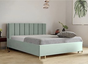Łóżko tapicerowane MALIBU, wezgłowie, obicie VELUTTO, pojemnik na pościel, podnośnik gazowy, wysokość spania 39 cm, 120x200 cm, Jasno Zielony