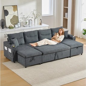 Sofa 4-osobowa z szezlongami ze schowkiem - 272 x 136 x 86 cm - z uchwytami na kubki + port USB + wysuwane łóżko - aksamit - ciemnoszary