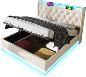 Łóżko z pojemnikiem 180 x 200 cm i zagłówkiem - Gniazda USB i diody LED - Skóra ekologiczna - Wzór guzików - Białe (bez materaca)