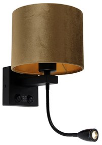 Lampa ścienna czarna z aksamitnym abażurem w kolorze brązu 18 cm - Brescia