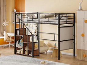 Łóżko mezzanine dla dzieci 90x200cm - z drabiną zabezpieczającą i schowkami - Czarne