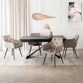Zestaw Stół Prostokątny Rozkładany VICTOR 160-240 cm Czarny Marmur i 4 Krzesła MODESTO Beżowe Welurowe Nowoczesne