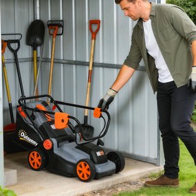 Outsunny Elektryczna kosiarka 1200 W z szerokością cięcia 34 cm, koszem na trawę o pojemności 35 litrów, funkcją mulczowania, 6 wysokościami cięcia, regulowanym uchwytem | Aosom PL