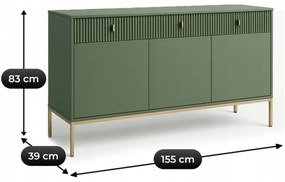 Komoda do Salonu Sypialni MARCOS 155 cm Zielona Ryflowana Trzydrzwiowa z Szufladami Nowoczesna