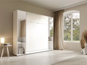 Łóżko chowane w szafie pionowe 160 x 200 cm - 2 kolumny do przechowywania - Z lustrami i oświetleniem LED - Białe + Materac - RAPILI