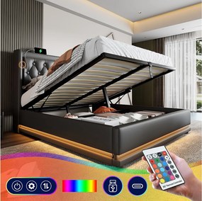 Łóżko z pojemnikiem 180 x 200 cm i zagłówkiem - gniazda USB i typu C - diody LED - skóra ekologiczna - kolor czarny (bez materaca)