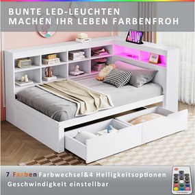 Sofa tapicerowana z funkcją spania - 90 x 200 cm - 2 szuflady - diody LED i gniazdka - ze schowkiem - tkanina flanelowa - biała