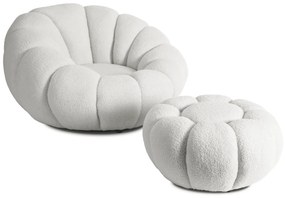 Fotel Wypoczynkowy Obrotowy PETTIT Kremowy z Pufą w Tkaninie Teddy Boucle