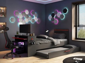Łóżko wysuwane gamer 90 × 200 cm i 90 × 190 cm – z biurkiem – oświetlenie LED – kolor antracytowy i czerwony z materacem i stelażem – VOUANI