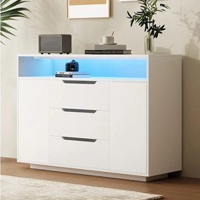 Nowoczesna komoda w matowym wykończeniu - 120 x 40 x 85 cm - z otwartymi półkami + 3 szuflady + 2 drzwi + diody LED - drewno - kolor biały