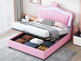 Łóżko tapicerowane z ekoskóry 140x200 cm - z LED i stelażem na listwy - Różowe