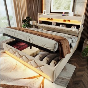 Łóżko tapicerowane dwuosobowe ze schowkiem - 140 x 190 cm - ze schowkiem na pościel w zagłówku + port USB + oświetlenie LED 360° + hydrauliczny schowek - len - beż