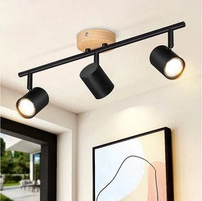 NETTLIFE 3-płomienna lampa sufitowa LED - czarna lampa sufitowa GU10 Obrotowy reflektor Drewniany kinkiet Reflektor ścienny do salonu sypialni Bez żarówki