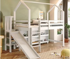 Łóżko mezzanine 90x200cm - z zjeżdżalnią + schodami + szafką + półką - z drewna sosnowego i MDF - Białe