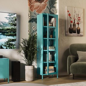 Witryna szklana do salonu wąska morska / turkusowa Modern LUIGI 500 x 1800 x 350 mm