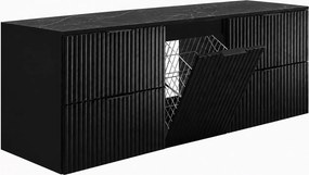 Szafka łazienkowa wisząca pod umywalkę z koszem na pranie, czarny / blat marmur black royal, uchwyty czarne, 160 x 46 x 57 cm