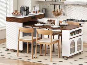 Centralna wyspa kuchenna - stół rozsuwany - z gniazdkiem elektrycznym - z kółkami i miejscem do przechowywania - z haczykiem - Brązowy+Biały