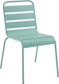 Zestaw mebli jadalnianych ogrodowych z metalu - stół o dł. 80 cm i 2 sztaplowane krzesła - Migdałowa zieleń - MIRMANDE marki MYLIA