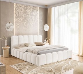 FURNISTAR Łóżko tapicerowane MIA z pojemnikiem 20x200|Bubble|Dwuosobowe|Stelaż listwowy|Wygląd łóżka boxspring|bez materaca-Biały