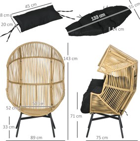 Outsunny Fotel ogrodowy Fotel ogrodowy z PE rattanu, 89 cm x 75 cm x 143 cm, Naturalny + Czarny